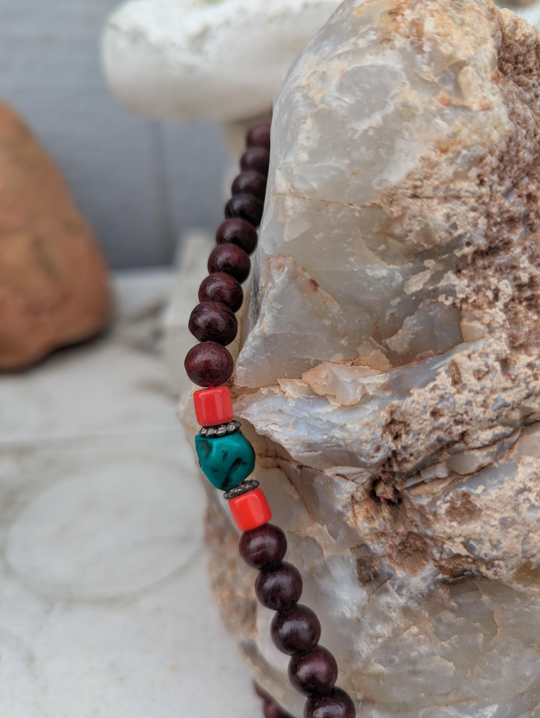 Bodhi Seed Tibetan Beads Mala with Turquoise & Coral Stones - Meditation Necklace ( bm-109)