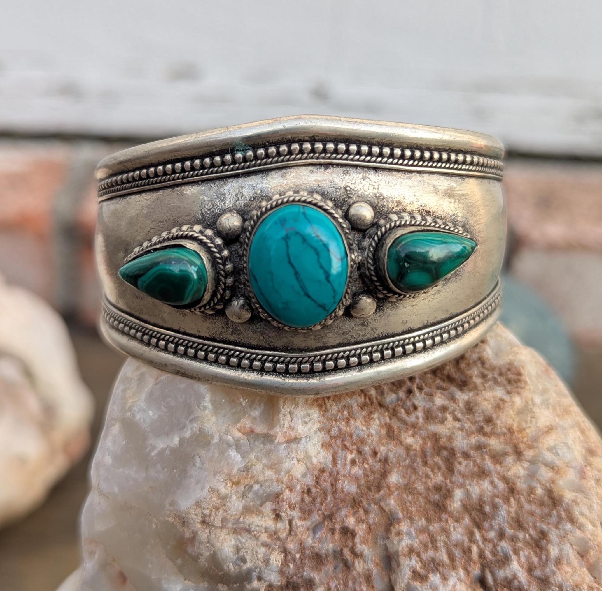 Gemstone Silver Cuff Bracelet – Turquoise, Onyx & Malachite