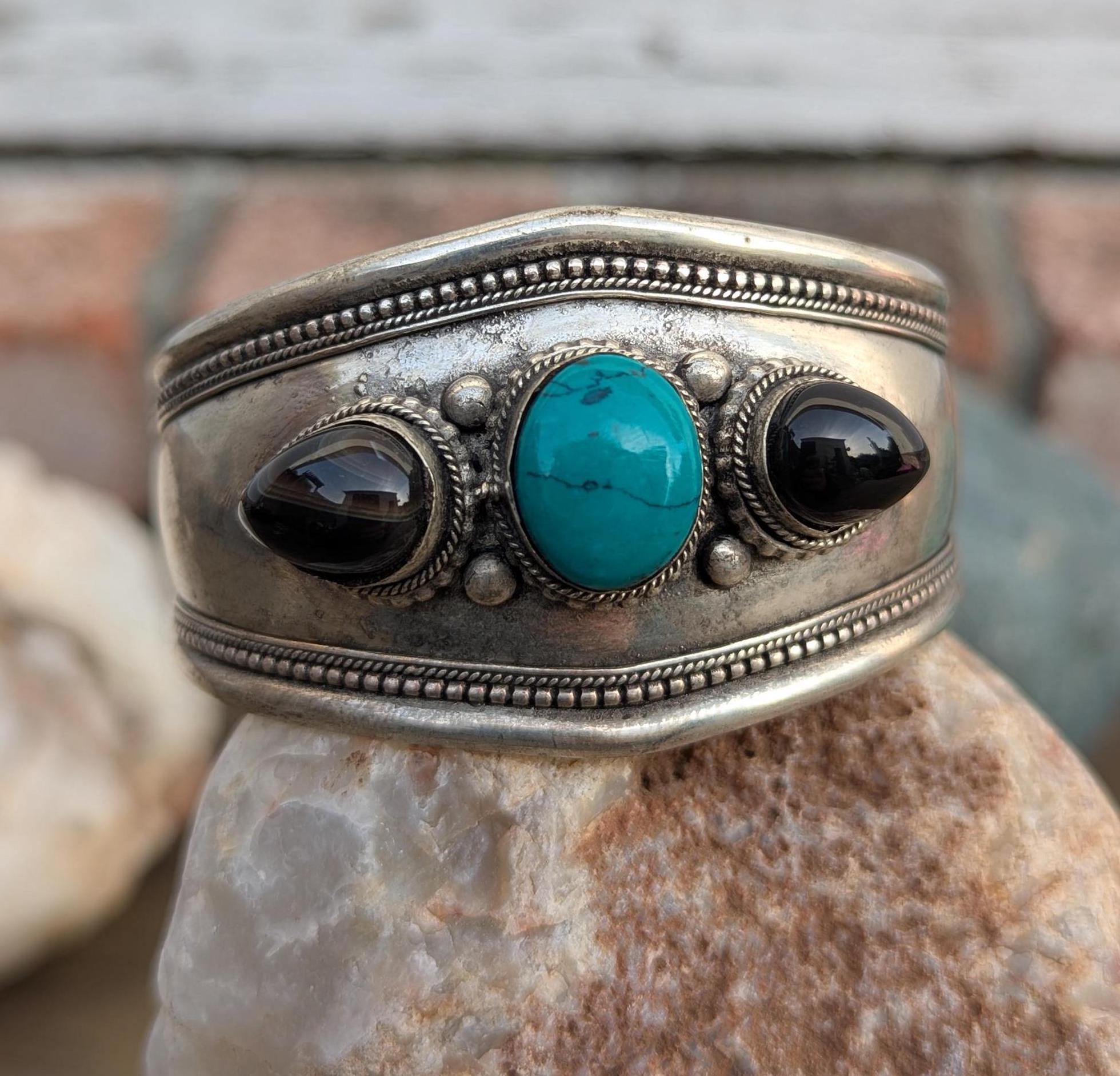 Gemstone Silver Cuff Bracelet – Turquoise, Onyx & Malachite