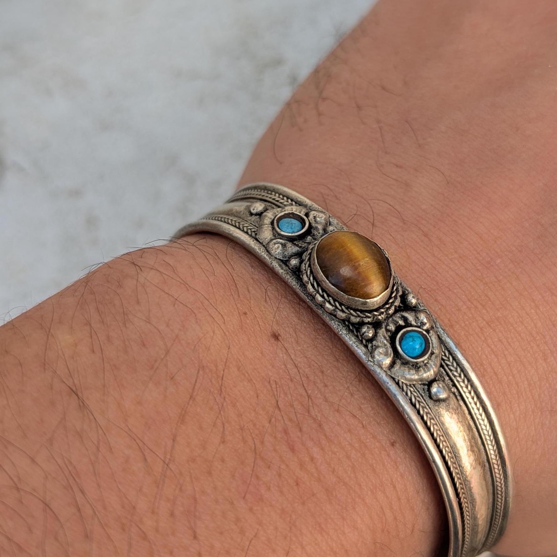 Vintage Silver Gemstone Cuff Bracelet – Turquoise, Onyx & Tiger Eye