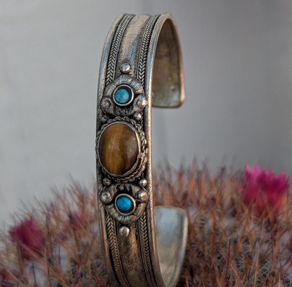 Vintage Silver Gemstone Cuff Bracelet – Turquoise, Onyx & Tiger Eye