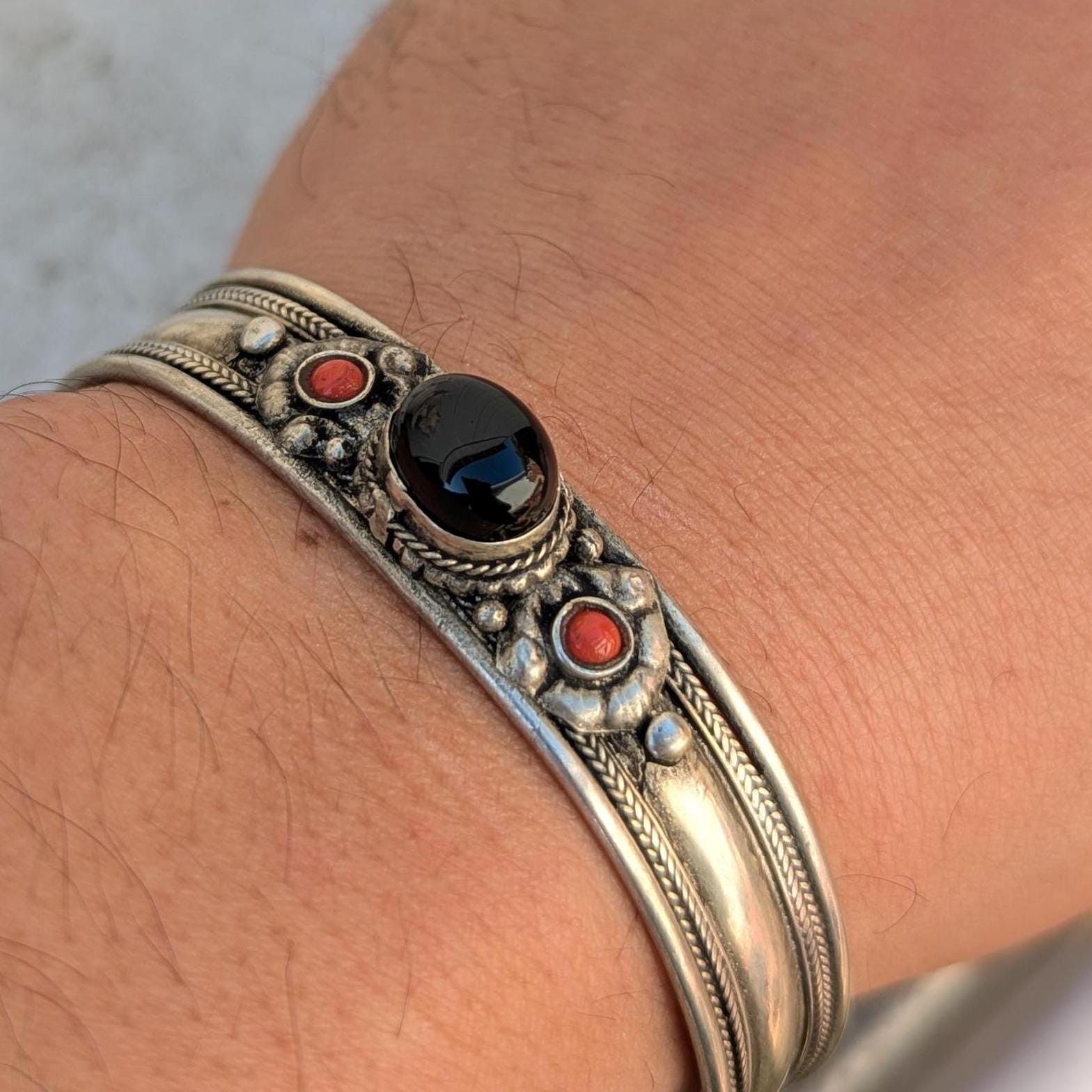 Vintage Silver Gemstone Cuff Bracelet – Turquoise, Onyx & Tiger Eye
