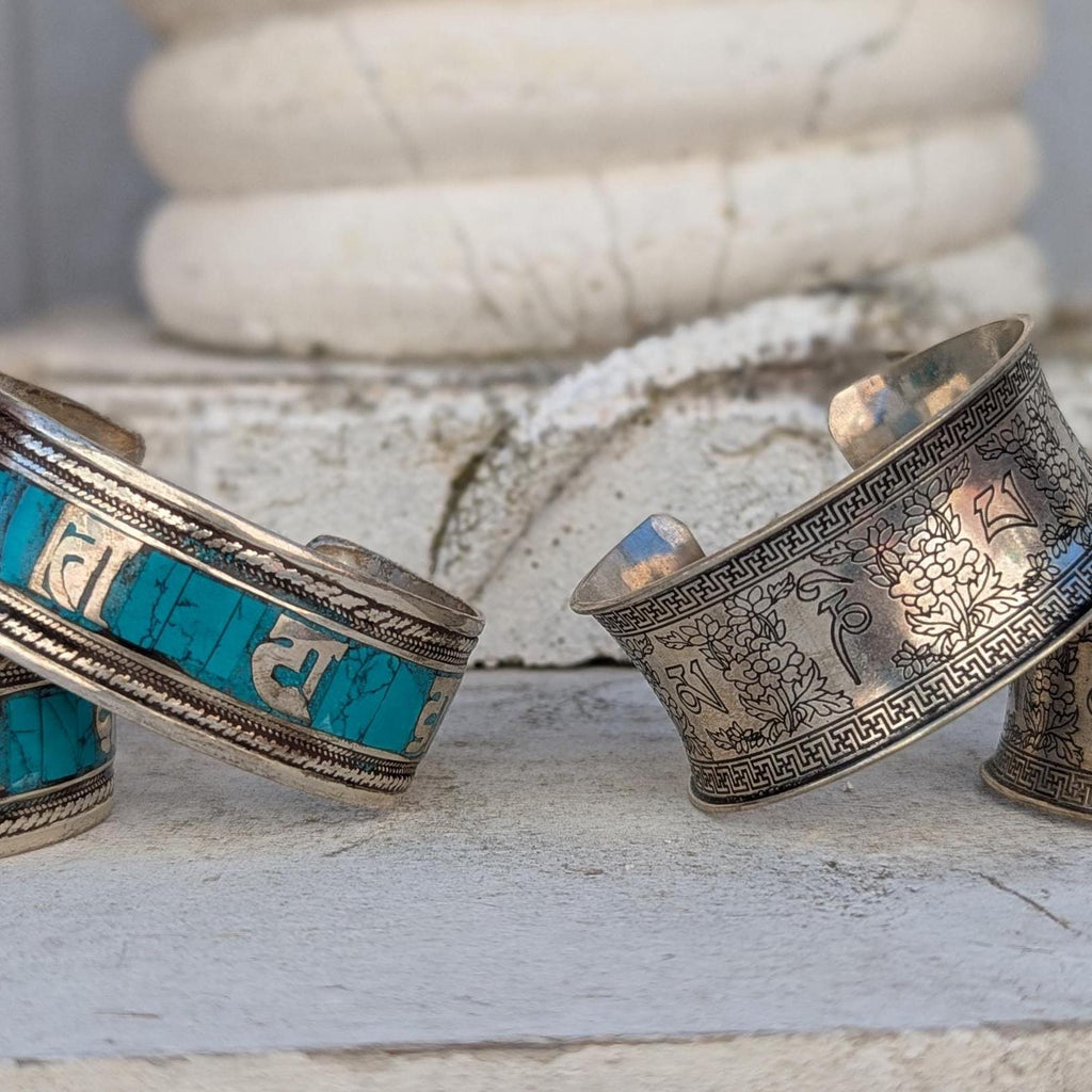 Tibetan Silver Cuff Bracelet Set: Om Mani Padme Hum & Turquoise Mantra