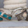 Tibetan Silver Cuff Bracelet Set: Om Mani Padme Hum & Turquoise Mantra