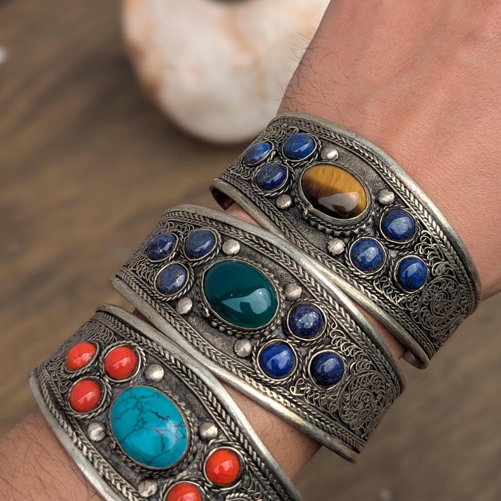 Vintage Tibetan Cuff Bracelets: Turquoise, Emerald, Moonstone Gemstone Jewelry Set