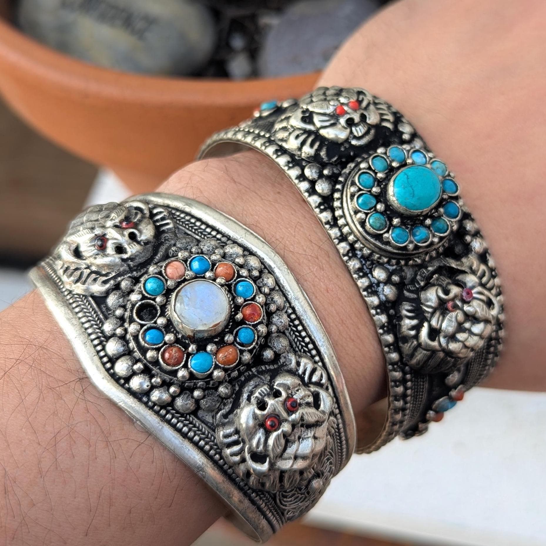 Handcrafted Tibetan Silver Cuff Bracelets – Dragon & Dorjee Gemstone Set cb133
