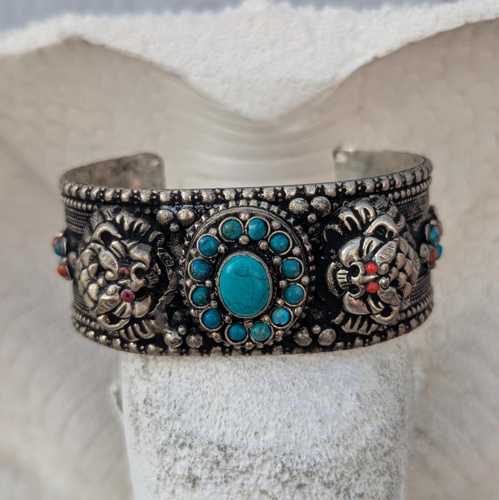 Handcrafted Tibetan Silver Cuff Bracelets – Dragon & Dorjee Gemstone Set cb133