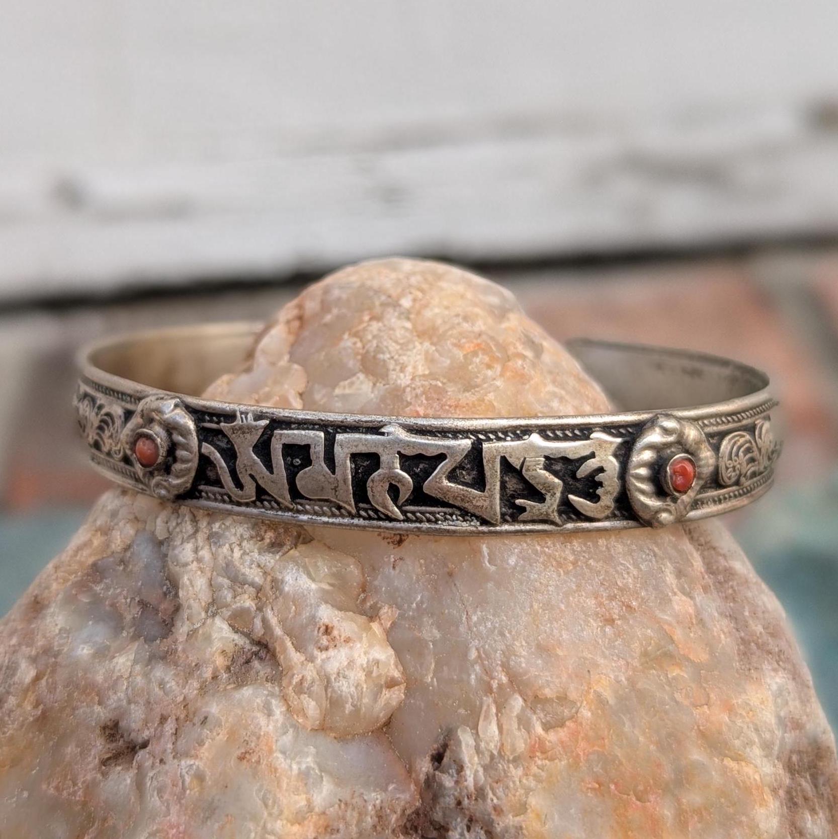 Handcrafted Silver Mantra Cuff Bracelet: Tibetan Spiritual Jewelry CB-136
