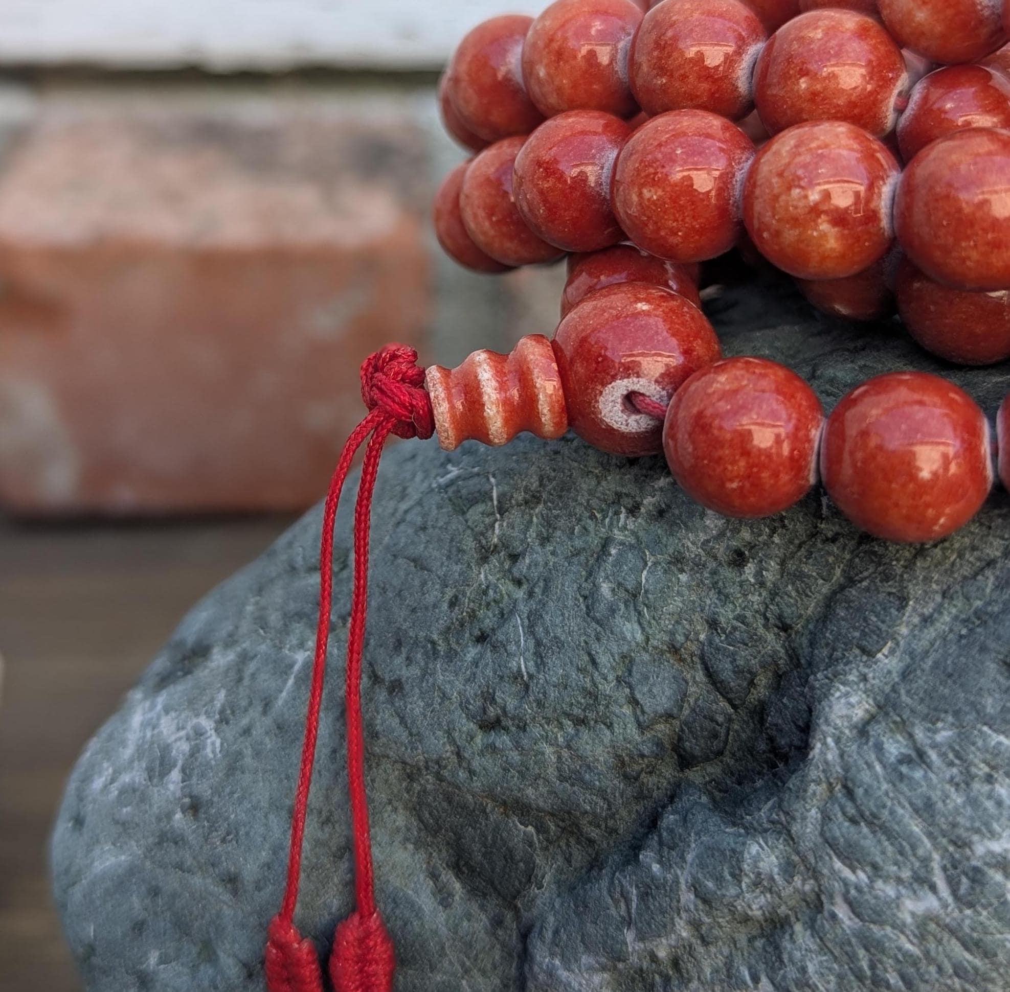 Vintage Tibetan Buddhist coral glass beads mala—Handcrafted Meditation Necklace (bm-114)