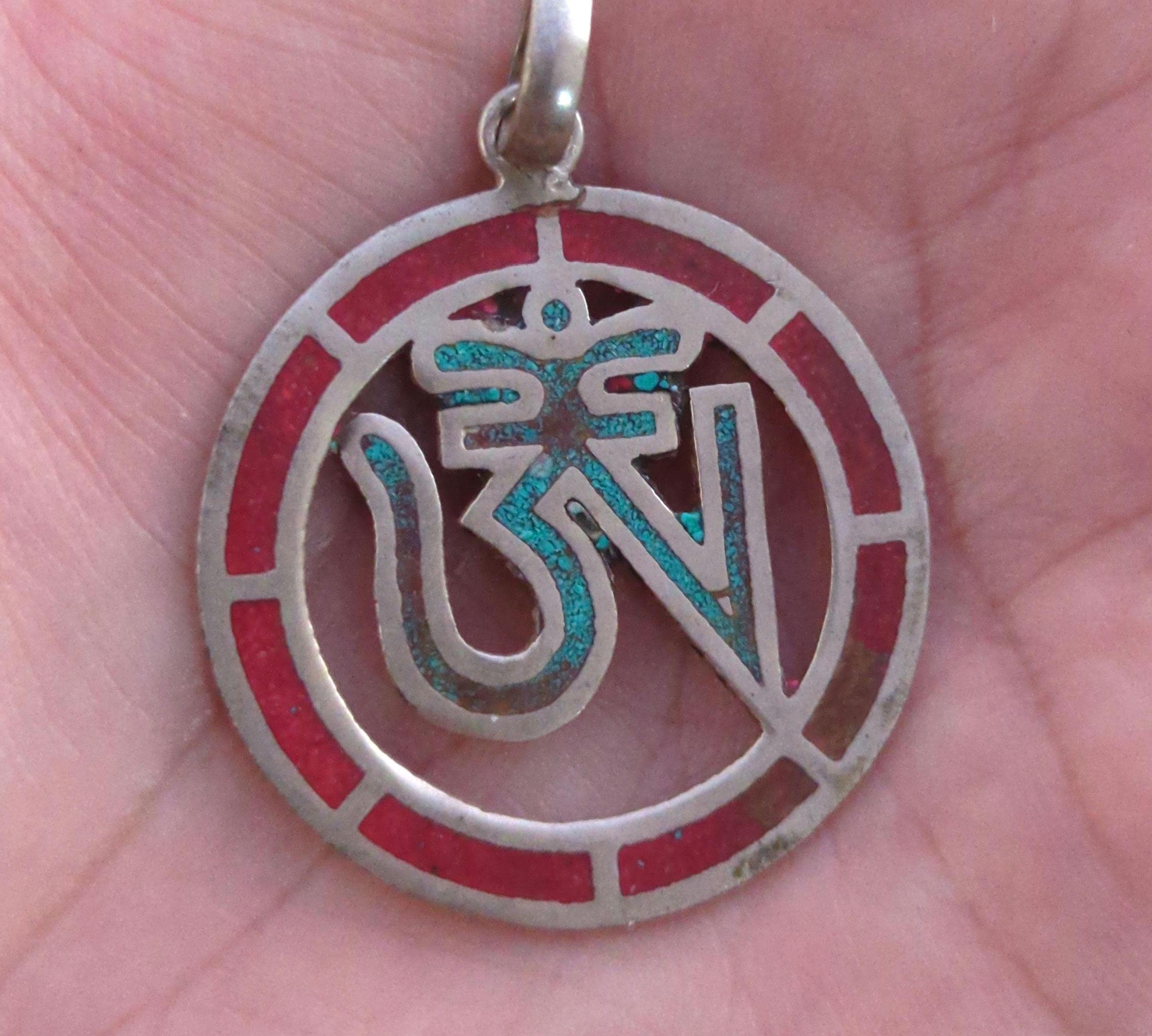 Hindu Om Pendant: Tibetan Silver, Coral & Lapis Yoga Jewelry