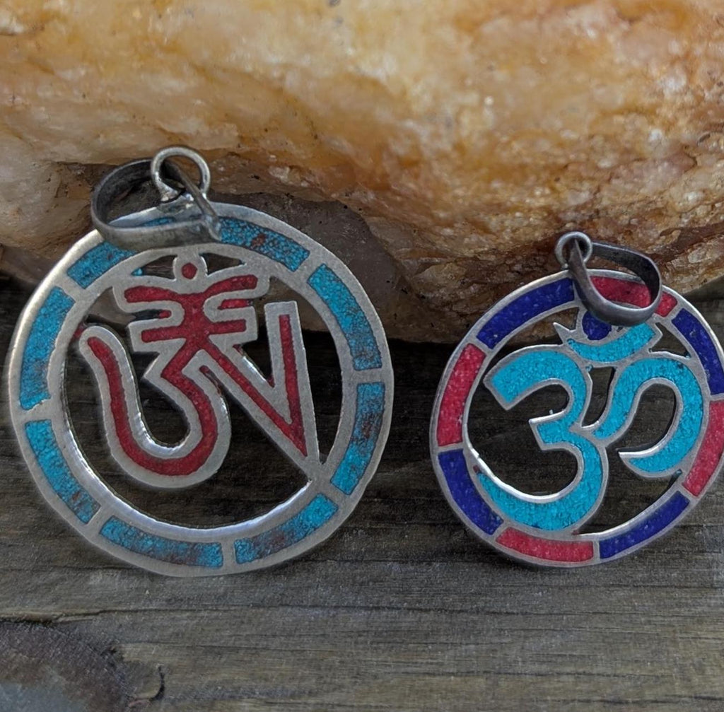 Hindu Om Pendant: Tibetan Silver, Coral & Lapis Yoga Jewelry