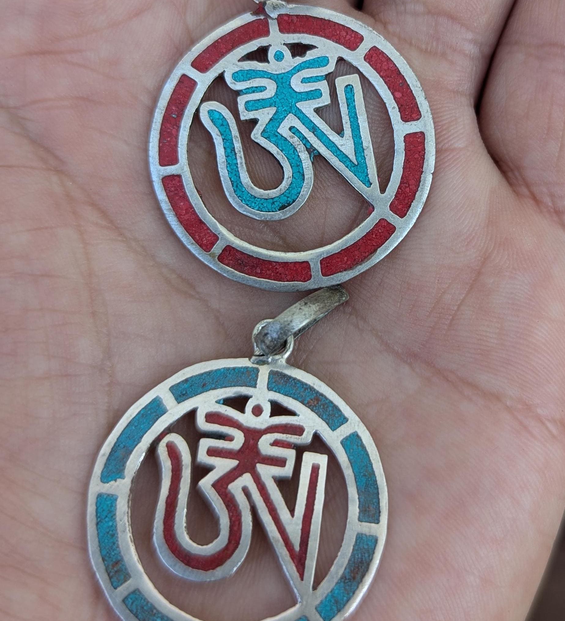 Hindu Om Pendant: Tibetan Silver, Coral & Lapis Yoga Jewelry