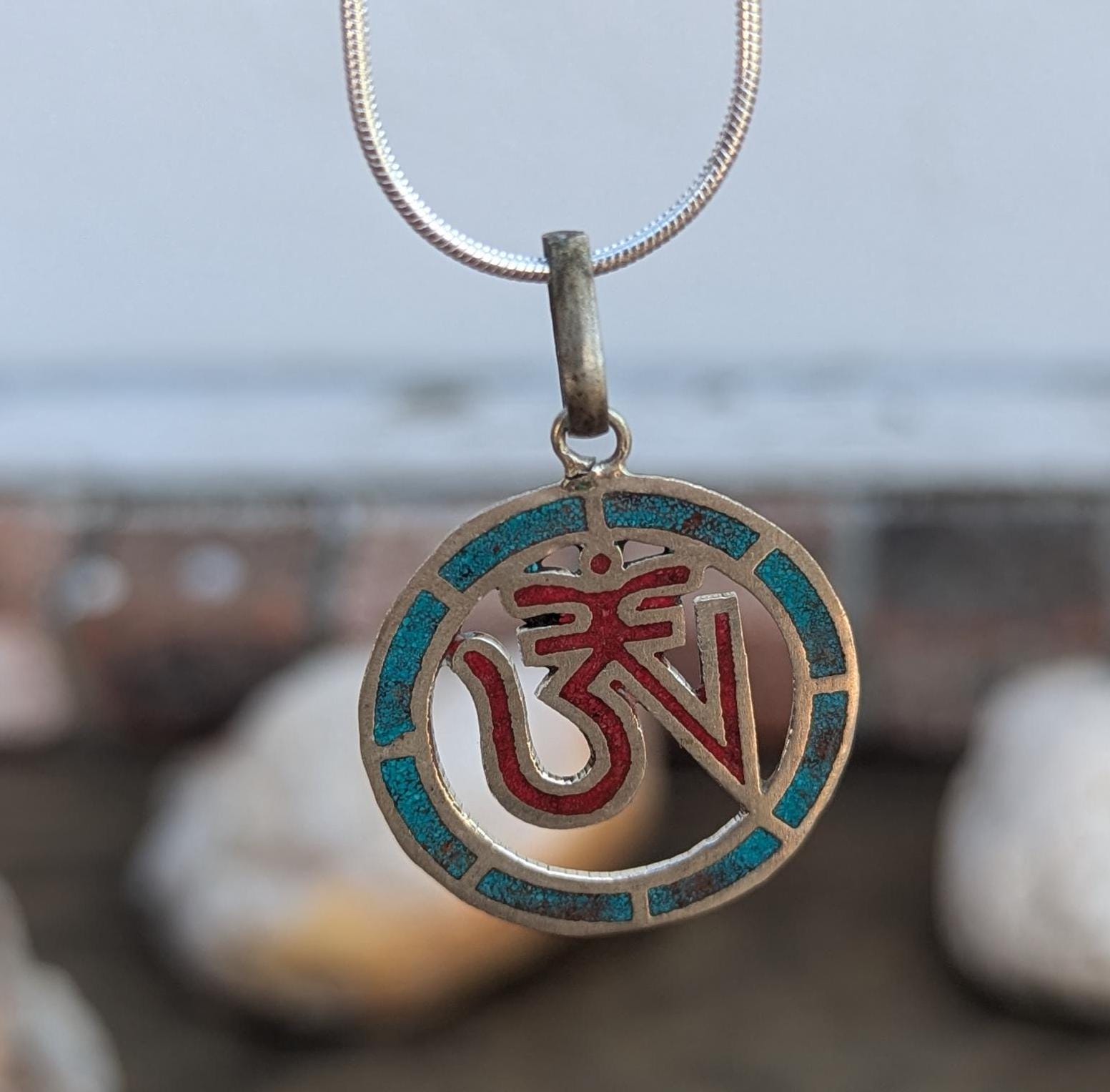 Hindu Om Pendant: Tibetan Silver, Coral & Lapis Yoga Jewelry