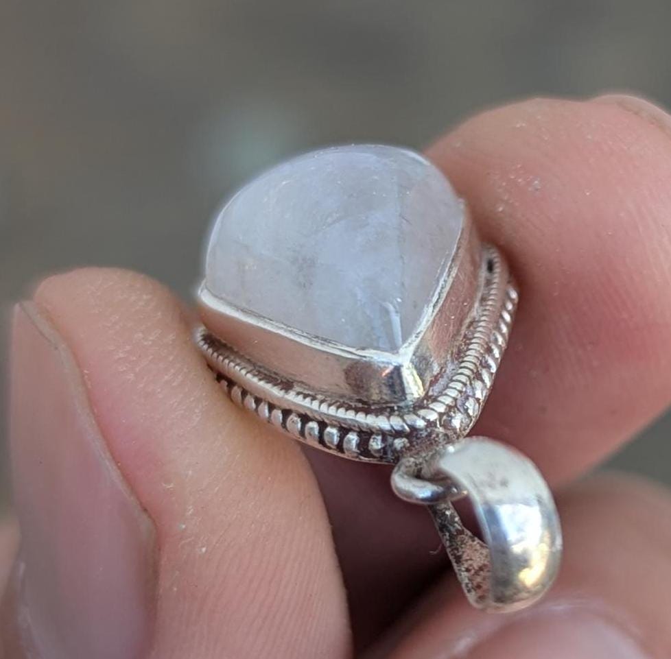 Handmade Rainbow Moonstone Pendant: Sterling Silver Triangle Charm