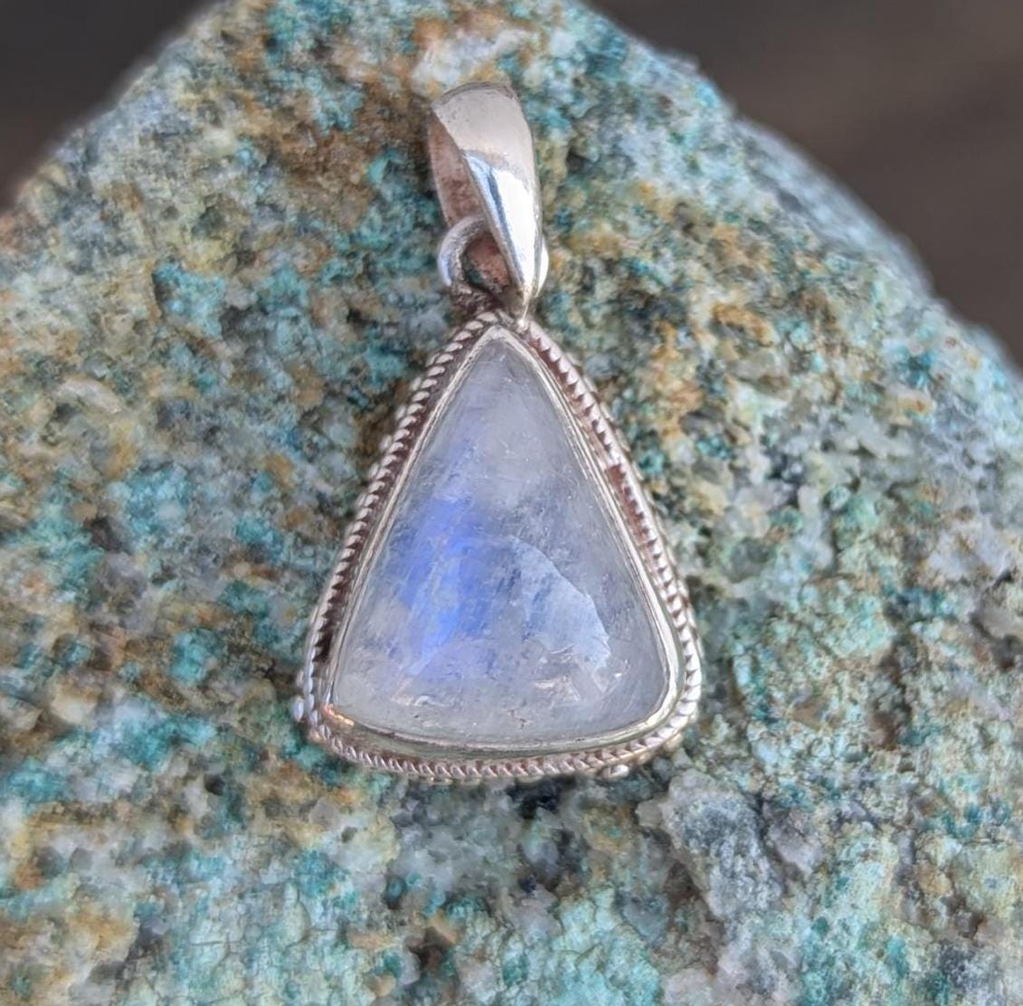 Handmade Rainbow Moonstone Pendant: Sterling Silver Triangle Charm