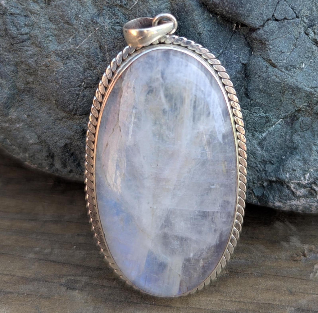 Handmade Rainbow Moonstone Pendant: Sterling Silver, Healing Crystal