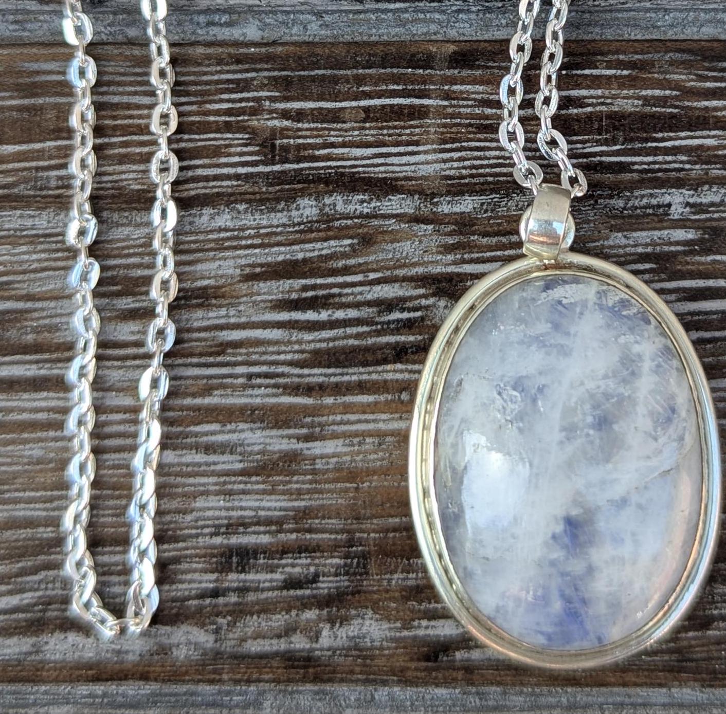 Handmade Rainbow Moonstone Pendant: Oval Sterling Silver (3.5x2.5cm)