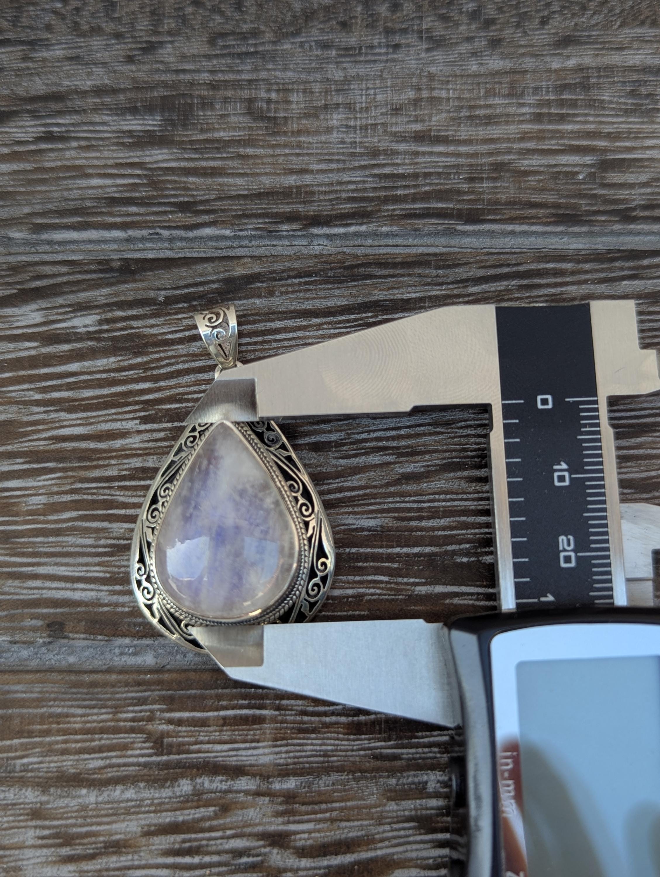 Rainbow Moonstone Sterling Silver Pendant: Handmade Teardrop Design