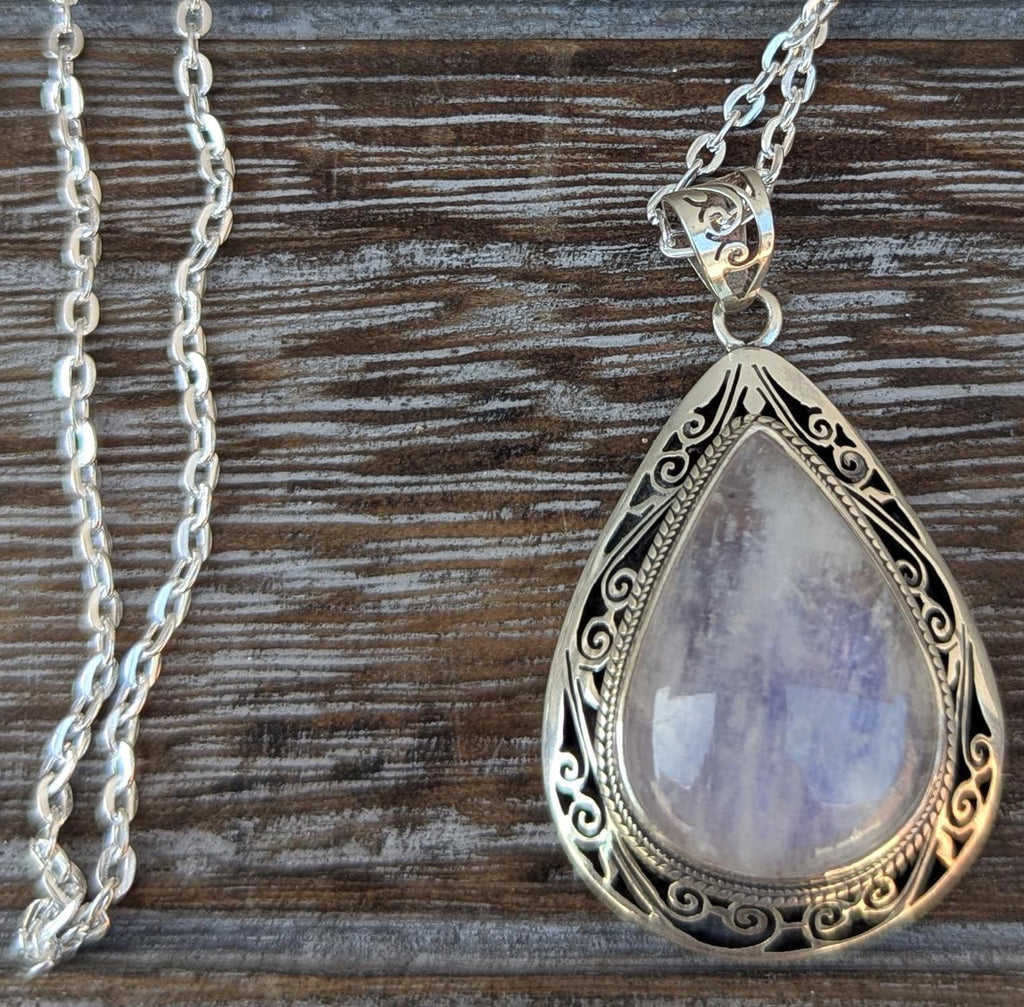 Rainbow Moonstone Sterling Silver Pendant: Handmade Teardrop Design