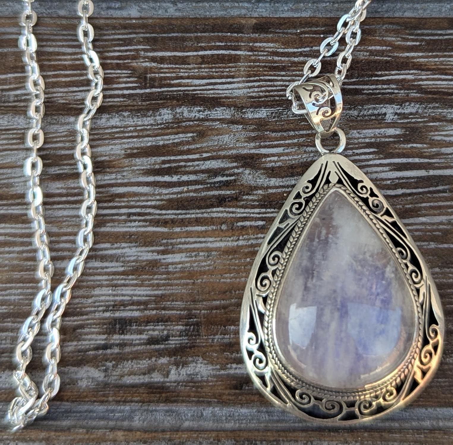 Rainbow Moonstone Sterling Silver Pendant: Handmade Teardrop Design
