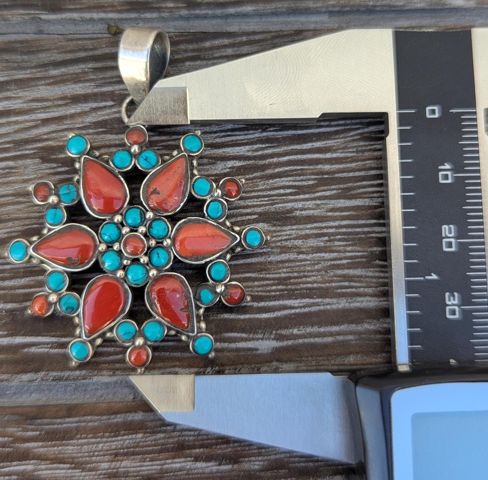 P3/75- Silver Pendant with Coral and Turquoise gemstone (T12-075)