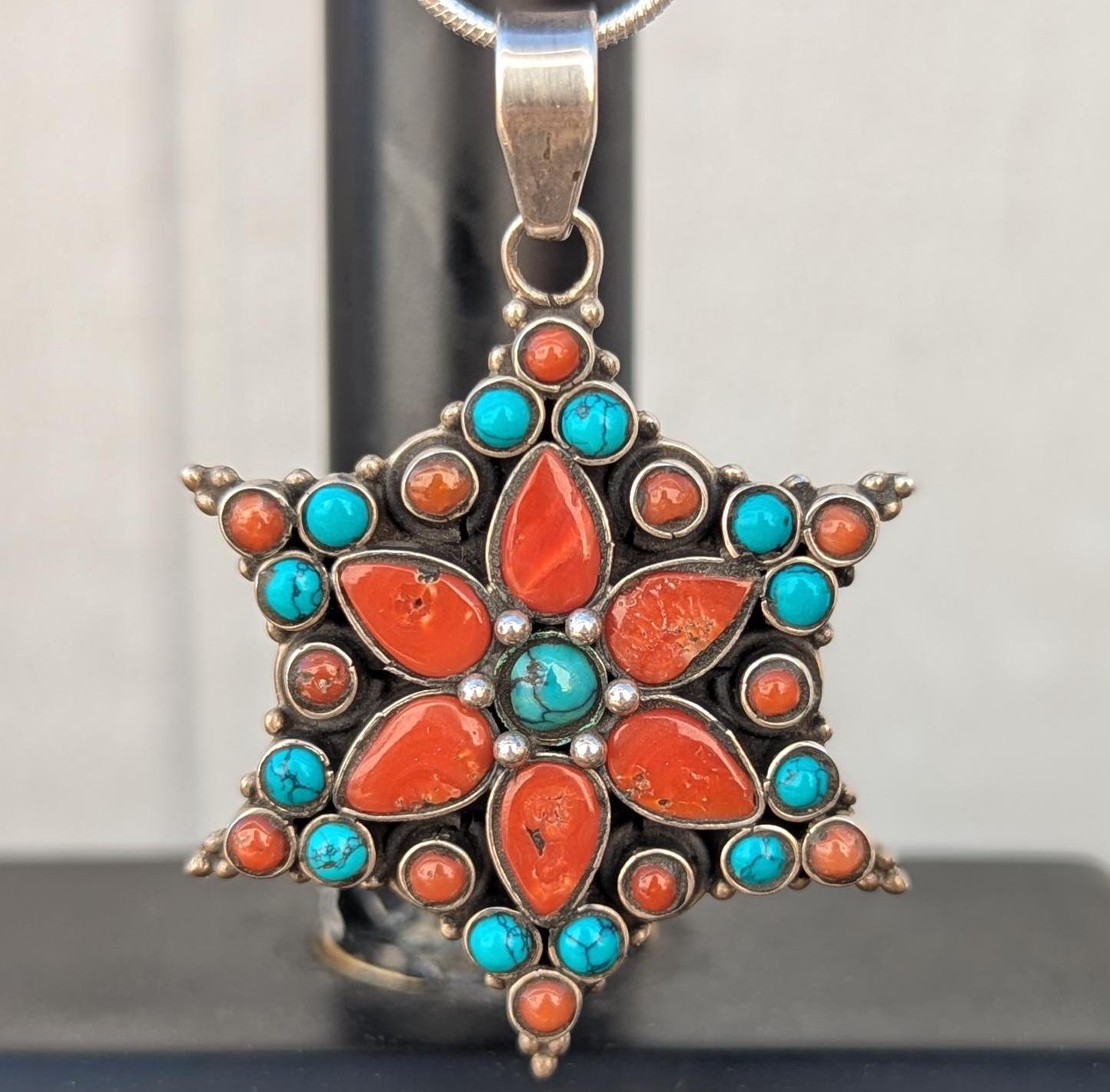 P3/75- Silver Pendant with Coral and Turquoise gemstone (T12-075)