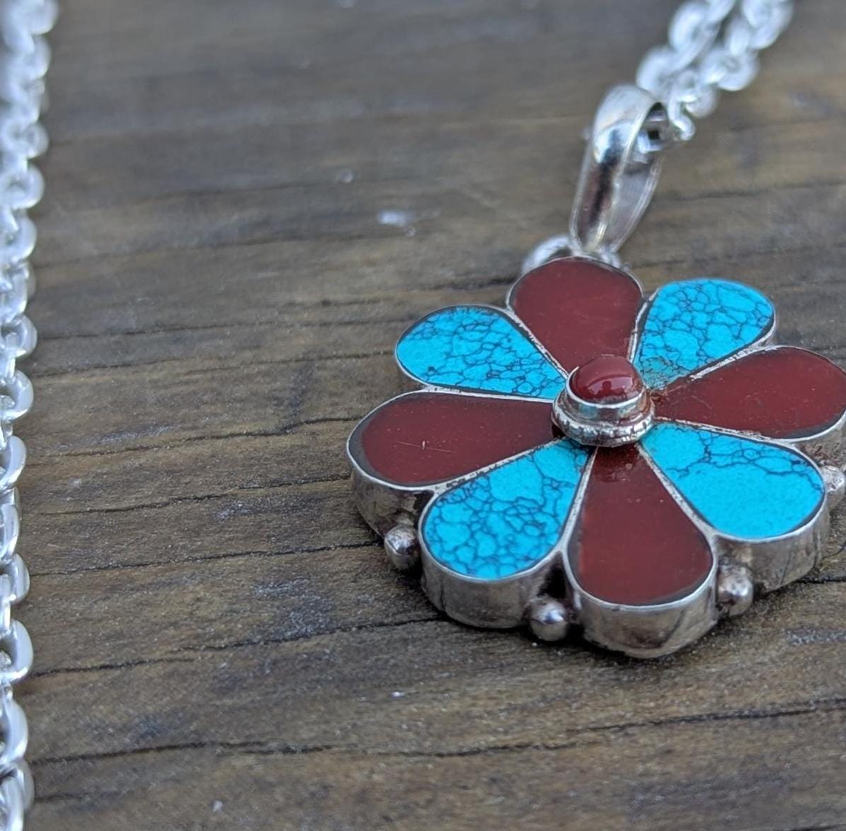 Turquoise and Red Coral Flower Pendant