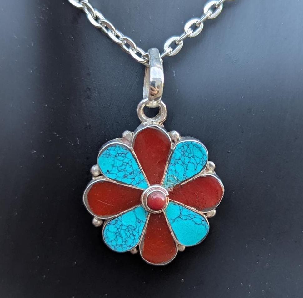 Turquoise and Red Coral Flower Pendant