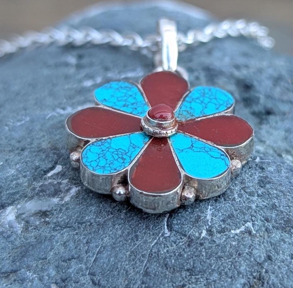 Turquoise and Red Coral Flower Pendant