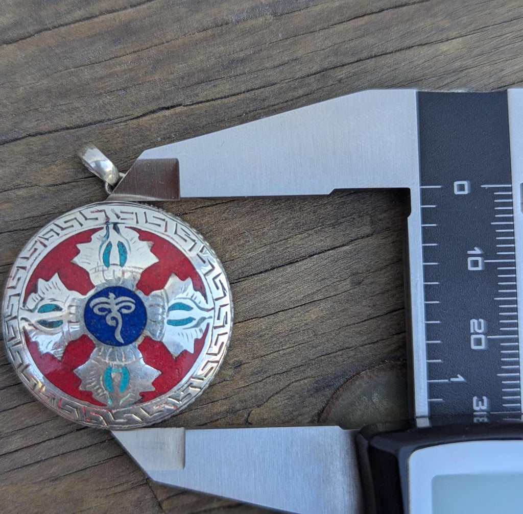 Silver Red Coral Tibetan Vajra Pendant: Buddha Eye Dorjee Amulet