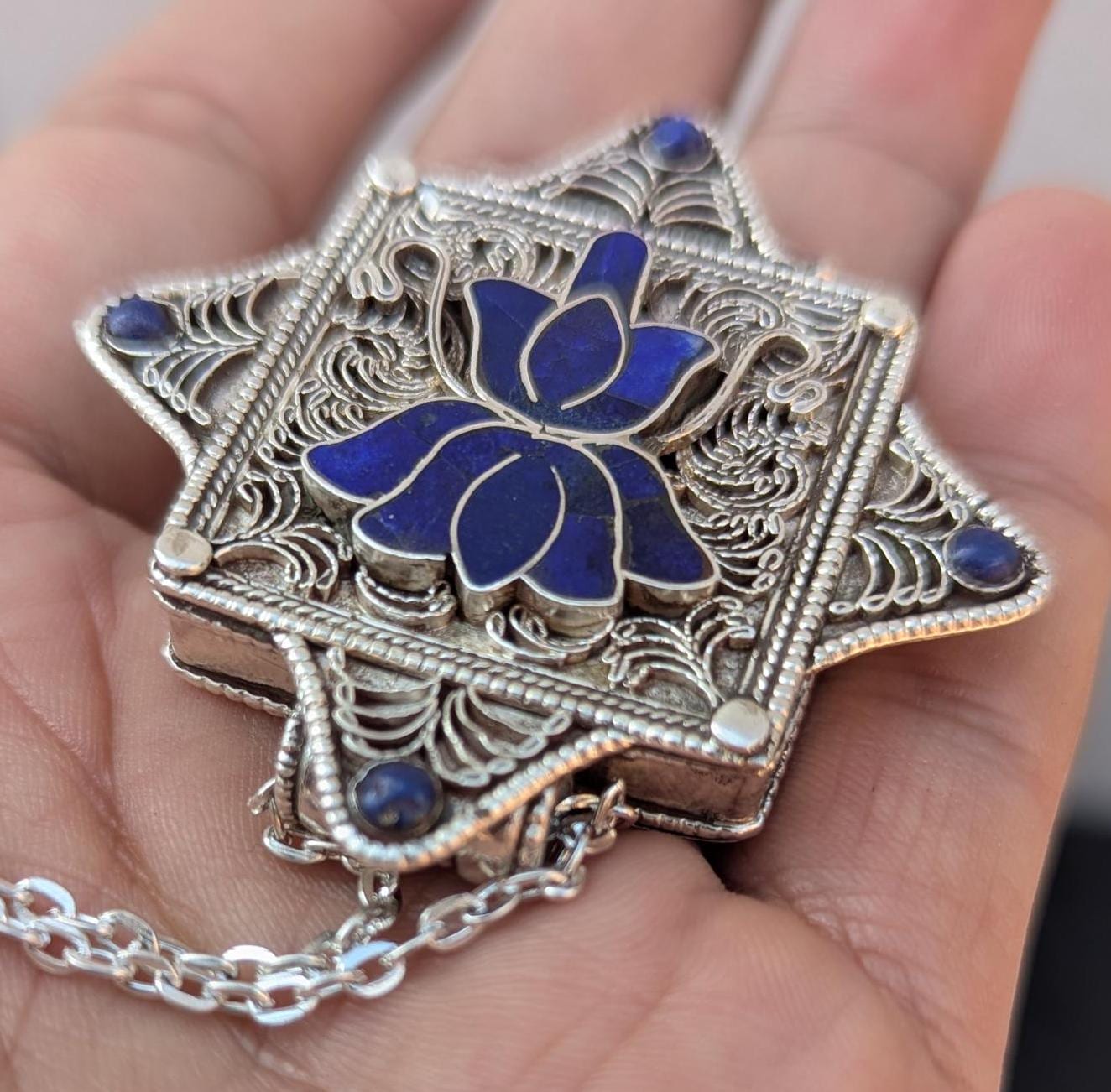 Tibetan Woman’s Amulet Box Necklace (Ga’u)Turquoise 925 Sterling Silver Pendant. (T1101-006.10)