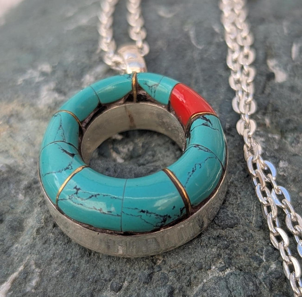 Turquoise Coral Gemstone Silver Pendant Necklace