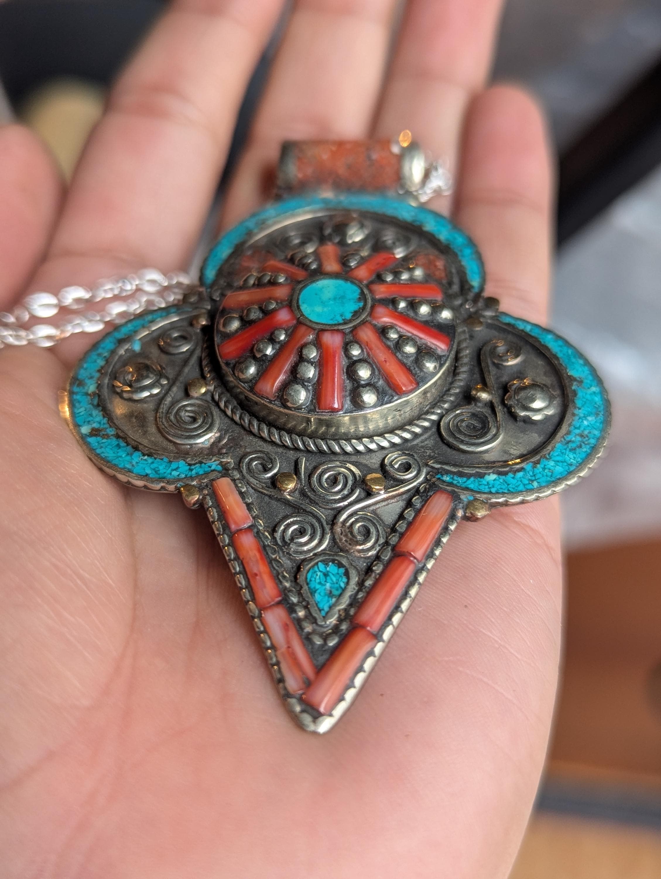 Vintage Unique Tibetan Pendant with Turquoise & Coral Inlays - Ethnic Jewelry Design (p6-003)