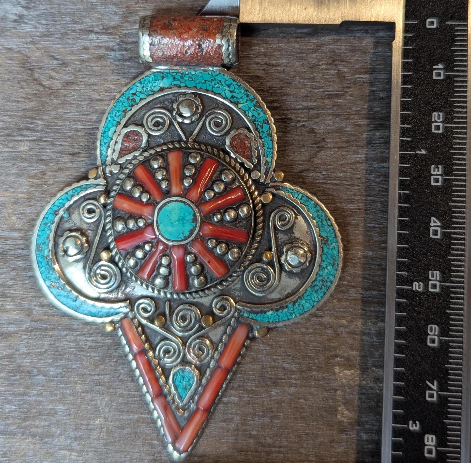 Vintage Unique Tibetan Pendant with Turquoise & Coral Inlays - Ethnic Jewelry Design (p6-003)