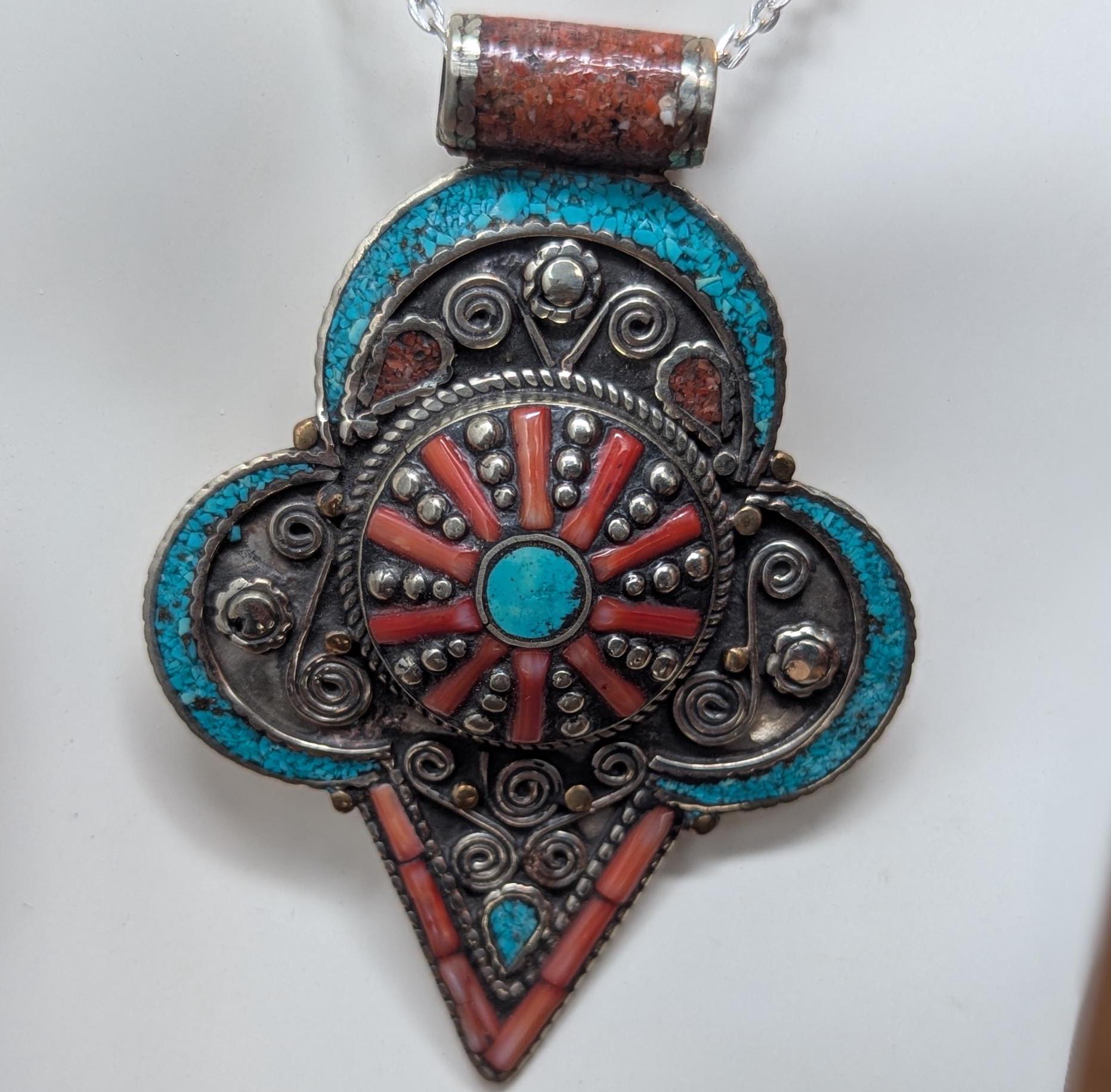 Vintage Unique Tibetan Pendant with Turquoise & Coral Inlays - Ethnic Jewelry Design (p6-003)