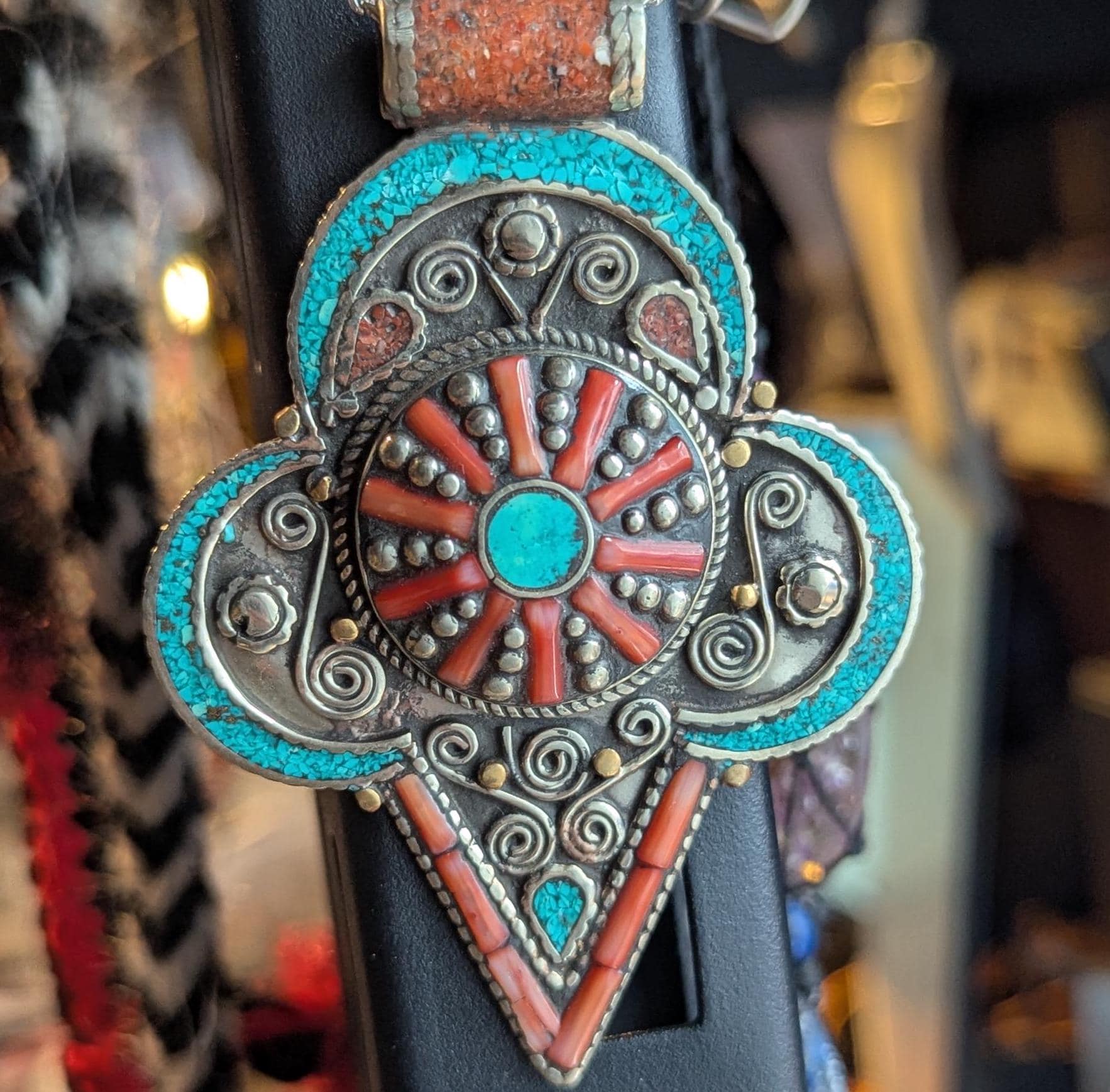 Vintage Unique Tibetan Pendant with Turquoise & Coral Inlays - Ethnic Jewelry Design (p6-003)