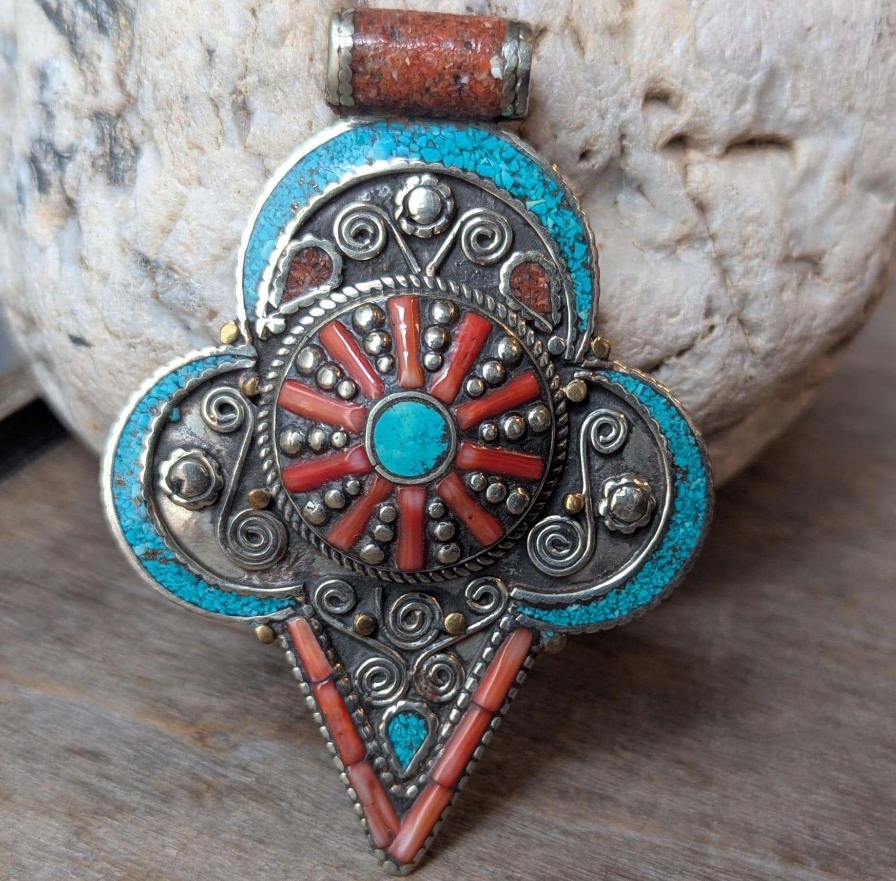 Vintage Unique Tibetan Pendant with Turquoise & Coral Inlays - Ethnic Jewelry Design (p6-003)