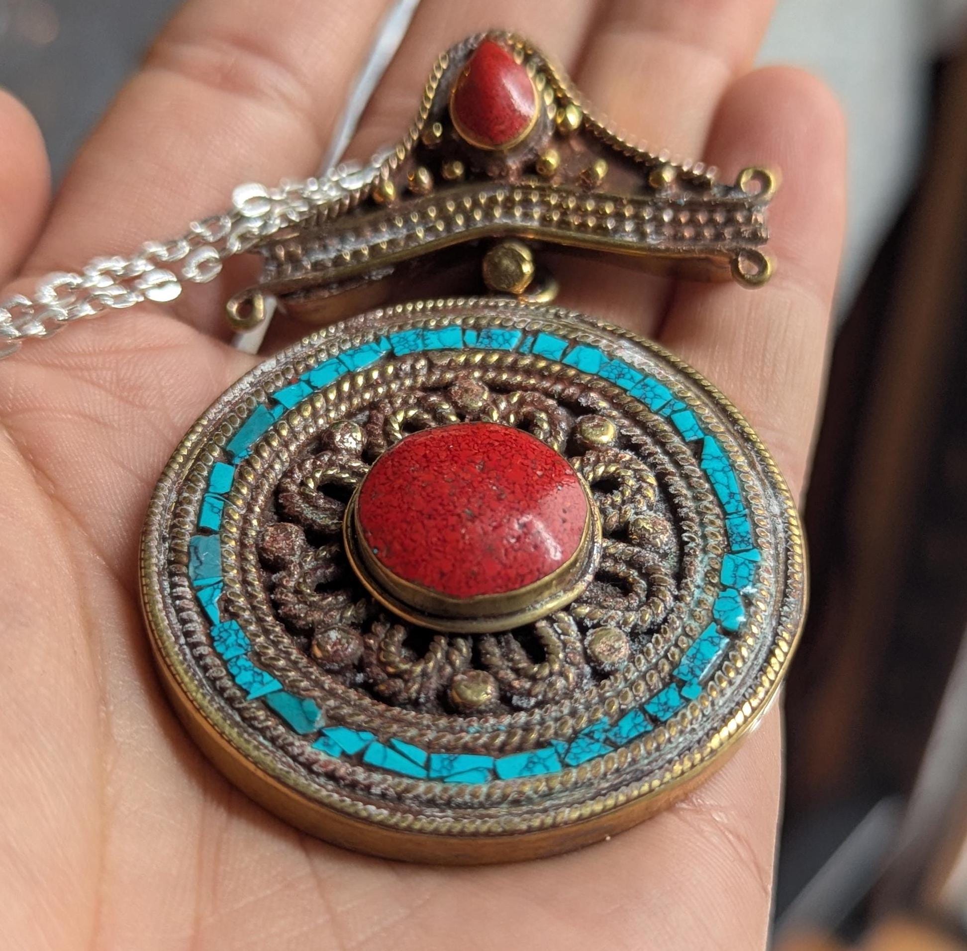 Unique Tibetan Vintage Coral and Turquoise Inlaid Pendant—Ethnic Jewelry Design (p6 / 004)