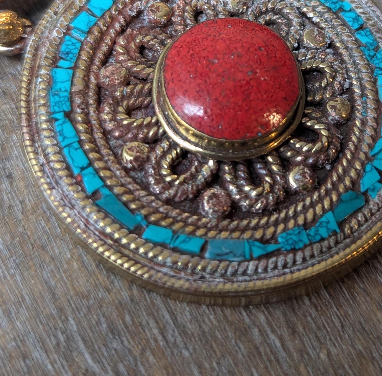 Unique Tibetan Vintage Coral and Turquoise Inlaid Pendant—Ethnic Jewelry Design (p6 / 004)