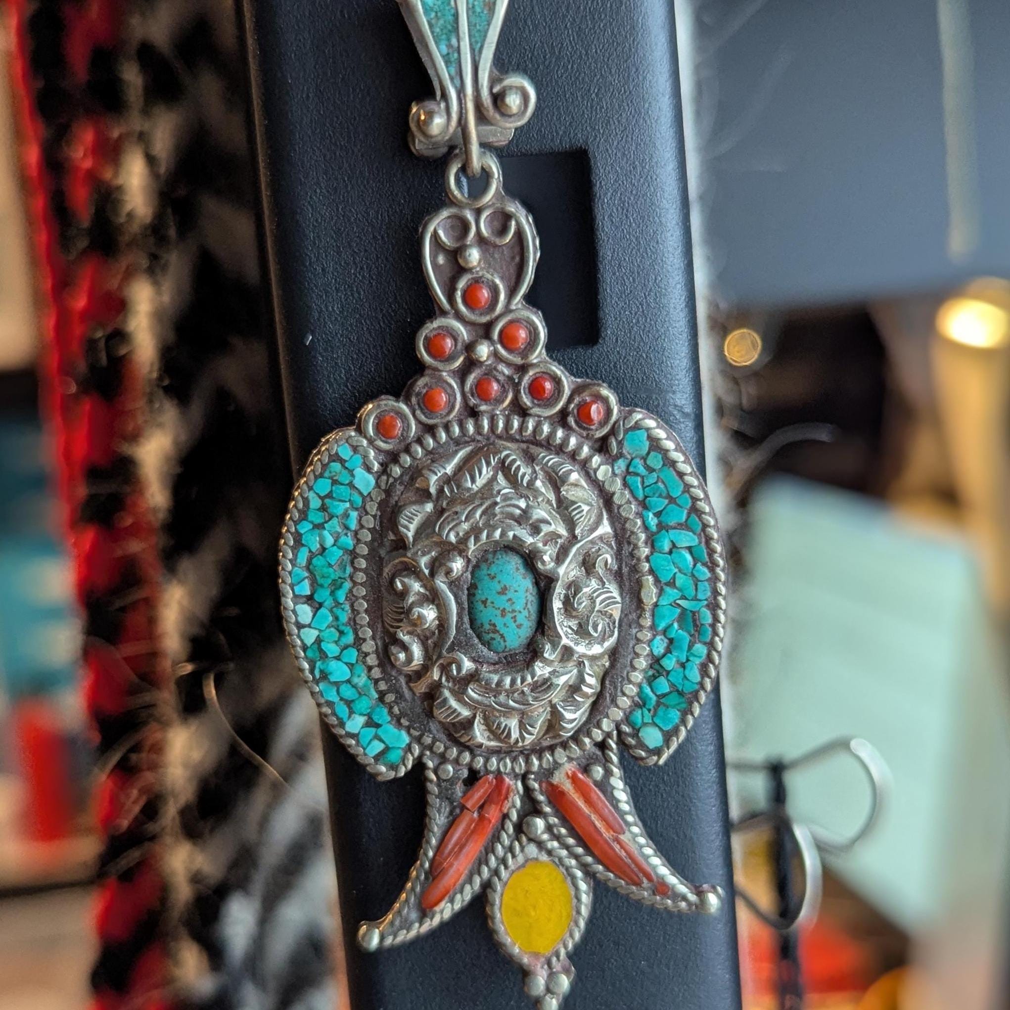 Handmade Tibetan Vintage Coral and Turquoise Inlaid Pendant (p6-005)