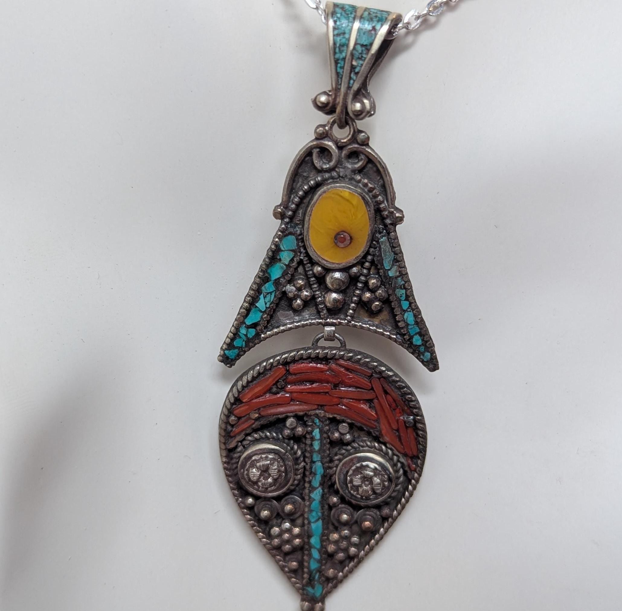 Unique Tibetan Vintage Filigree Pendant with Coral, Copal, and Turquoise Inlays - 90 mm (p6-006)