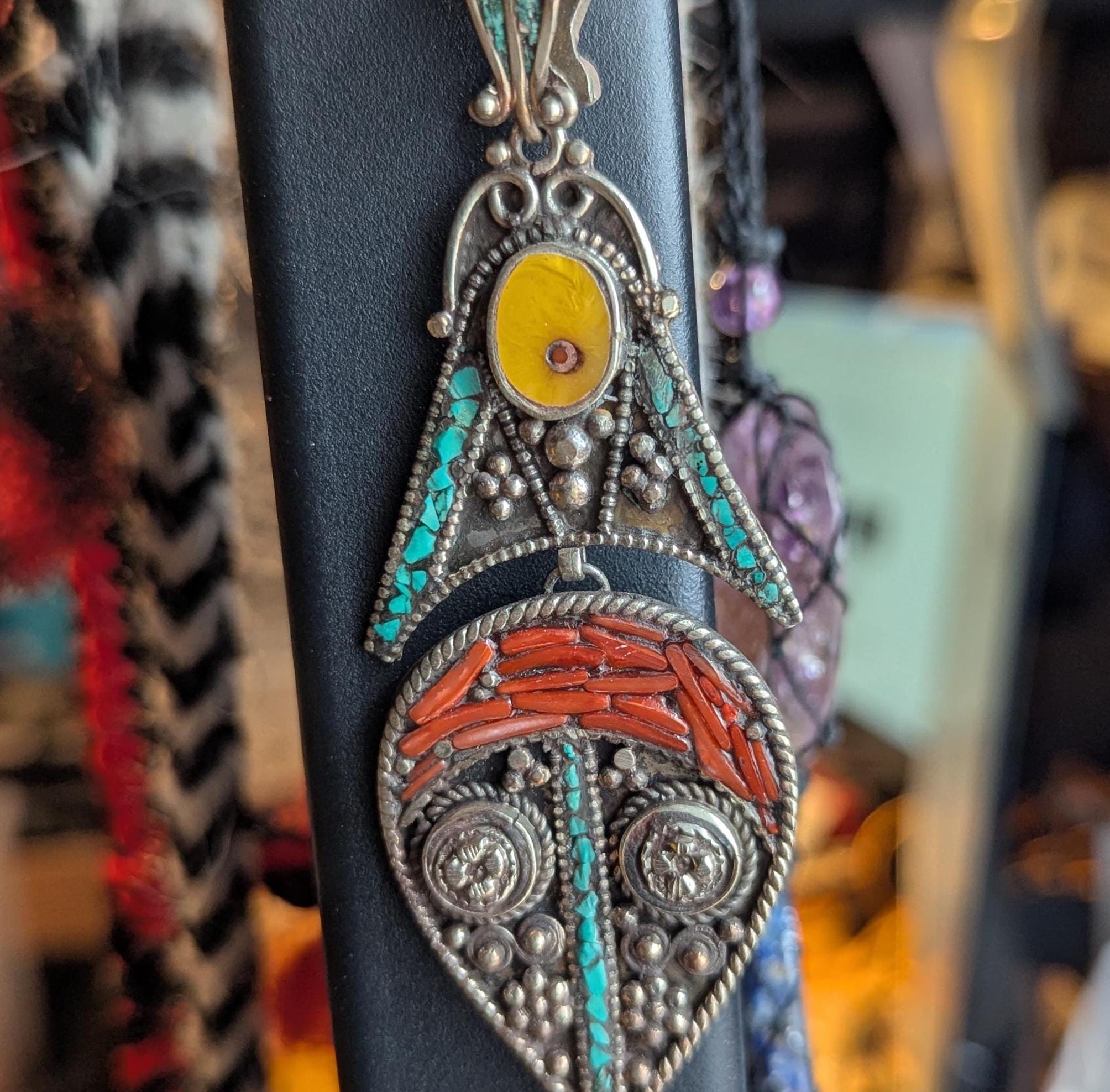 Unique Tibetan Vintage Filigree Pendant with Coral, Copal, and Turquoise Inlays - 90 mm (p6-006)
