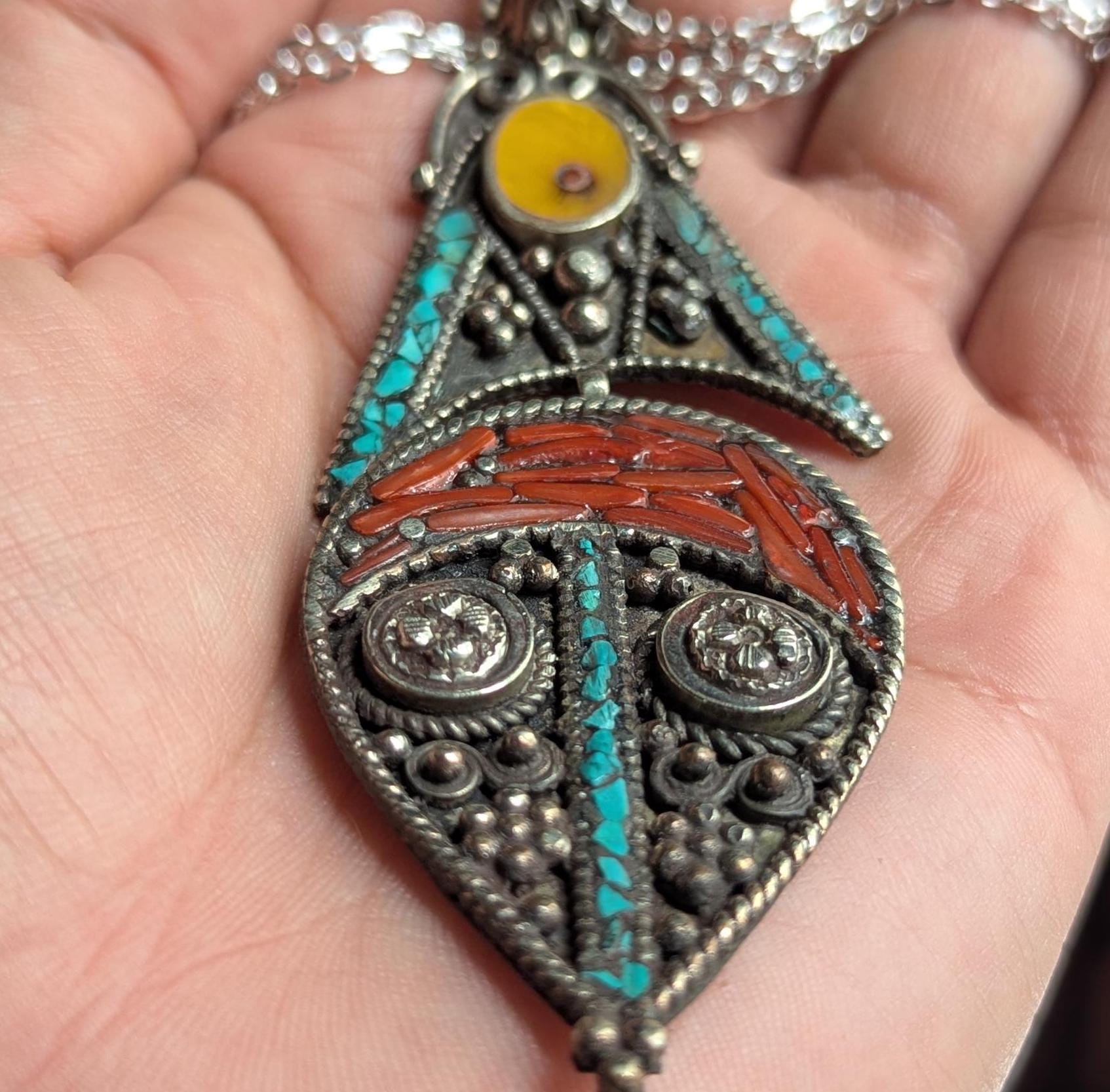 Unique Tibetan Vintage Filigree Pendant with Coral, Copal, and Turquoise Inlays - 90 mm (p6-006)