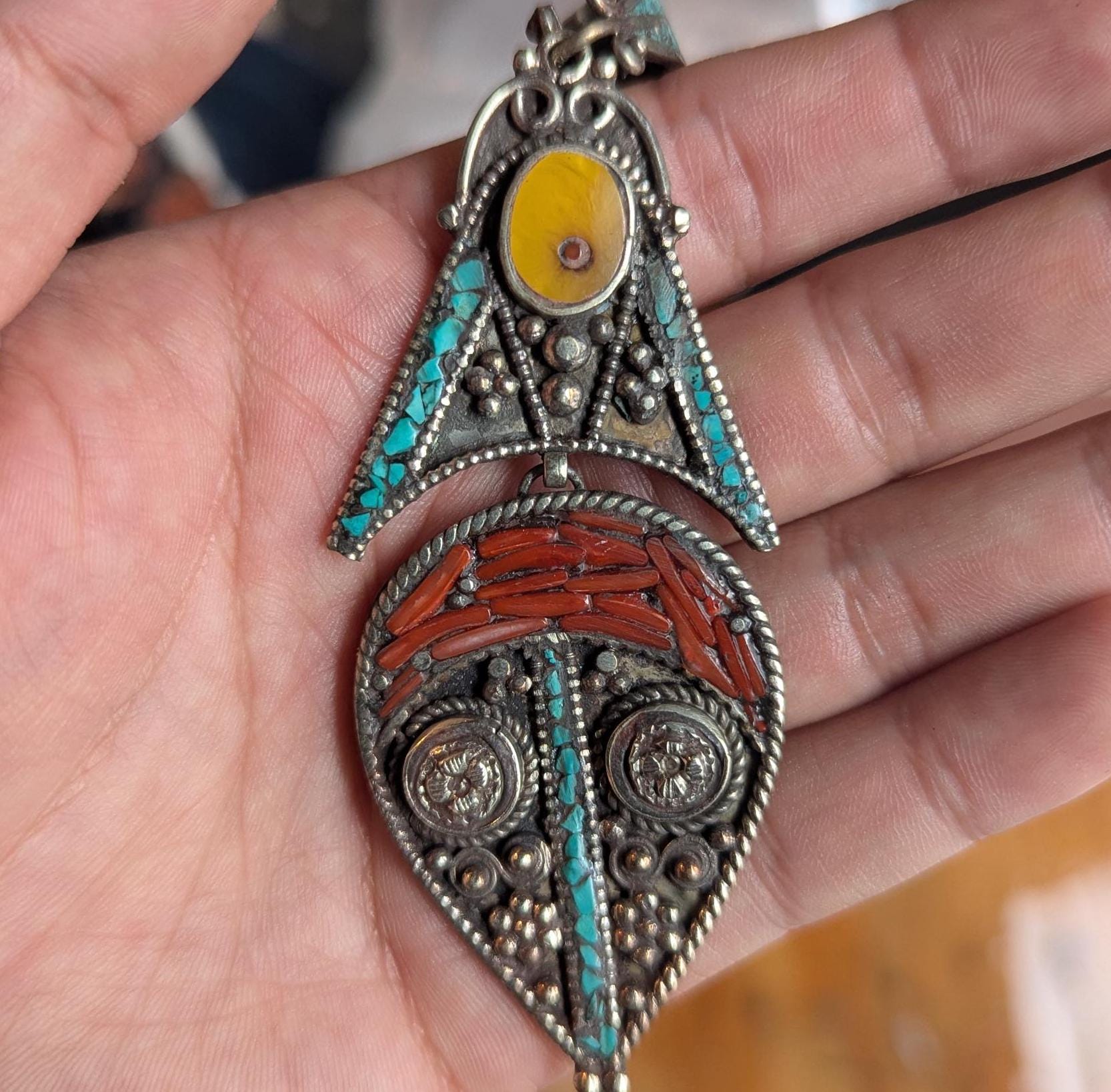 Unique Tibetan Vintage Filigree Pendant with Coral, Copal, and Turquoise Inlays - 90 mm (p6-006)