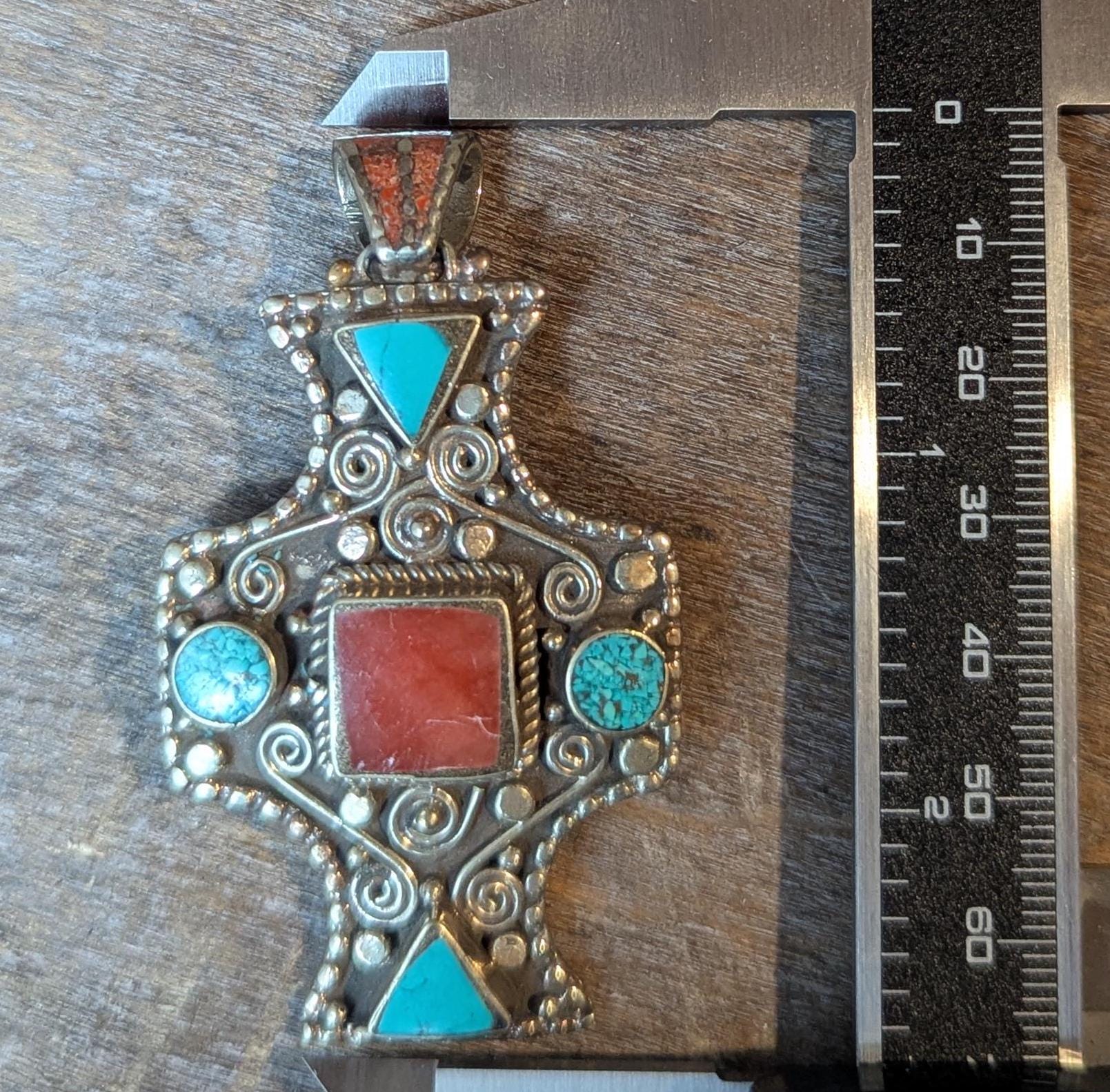 Collection of Vintage Tibetan ethnic pendant with turquoise and coral inlay (p6-008)