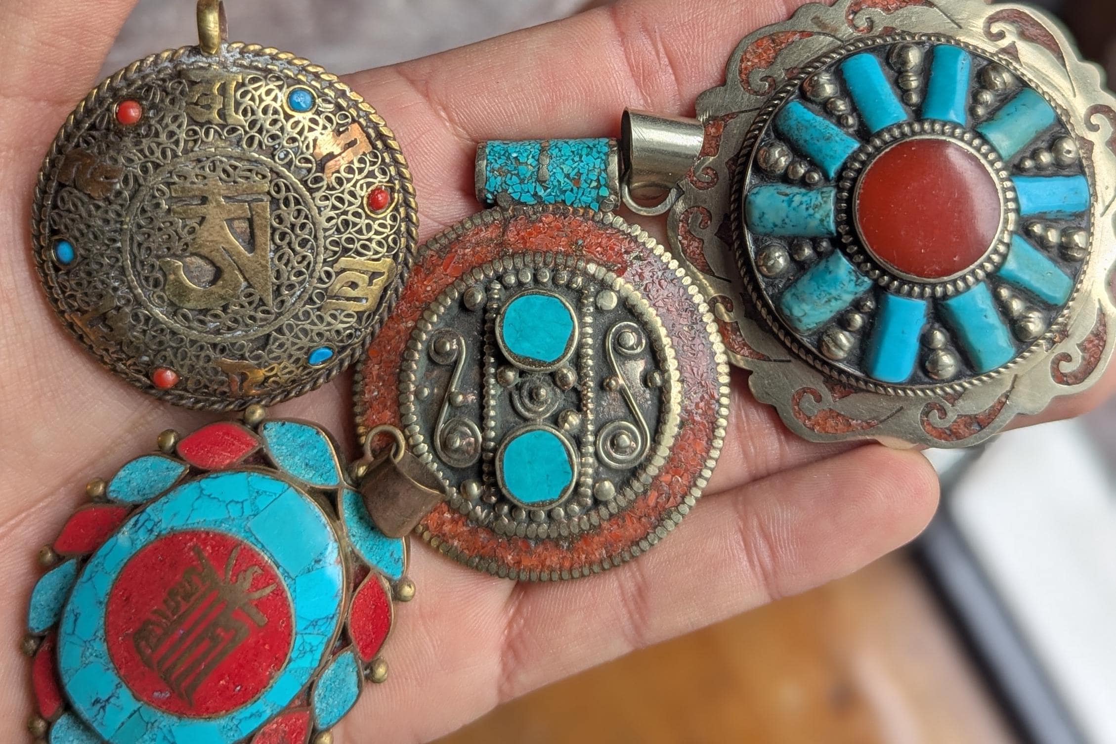 Filigree Vintage Tibetan Turquoise pendant Collection with coral inlay (p6-012)