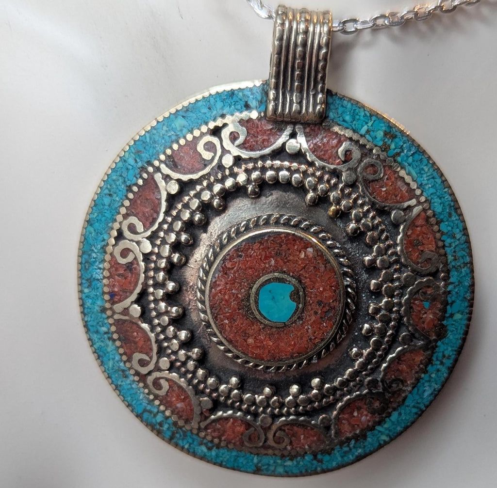 Tibetan Vingate filigree medallion pendant collection with Lapis, Turquoise and Coral inlay (p6-014)