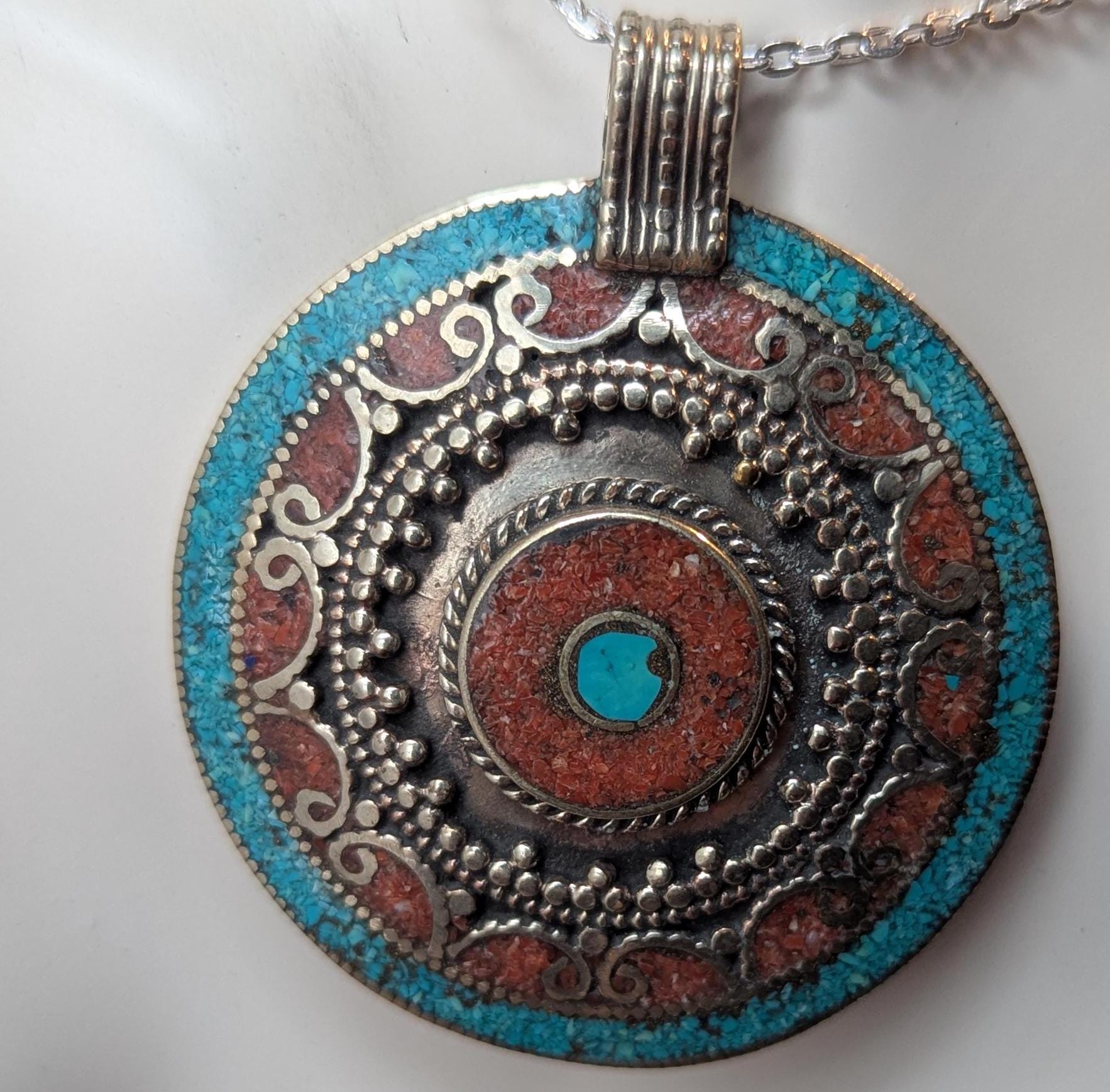 Tibetan Vingate filigree medallion pendant collection with Lapis, Turquoise and Coral inlay (p6-014)