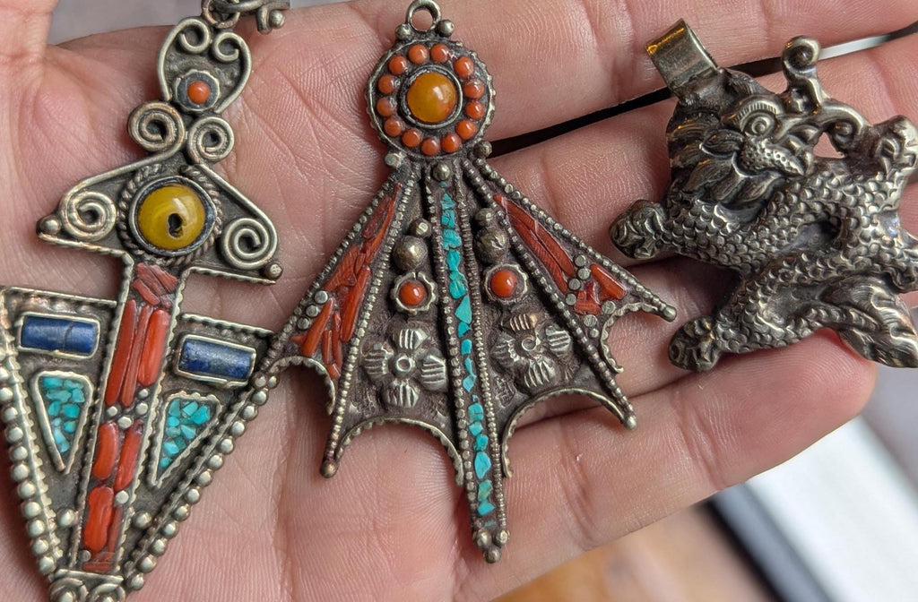 Antique Tibetan Dragon pendant collection with Amber , Turquoise and Coral inlay (p6-015)