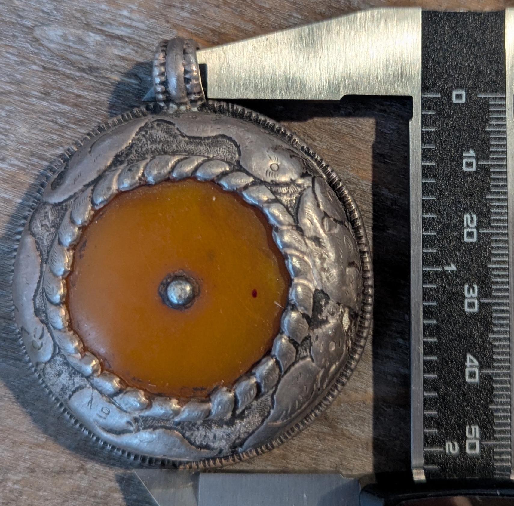 Handmade Tibetan Medallion Pendant with Amber and Black Onyx Inlay (p6-018)